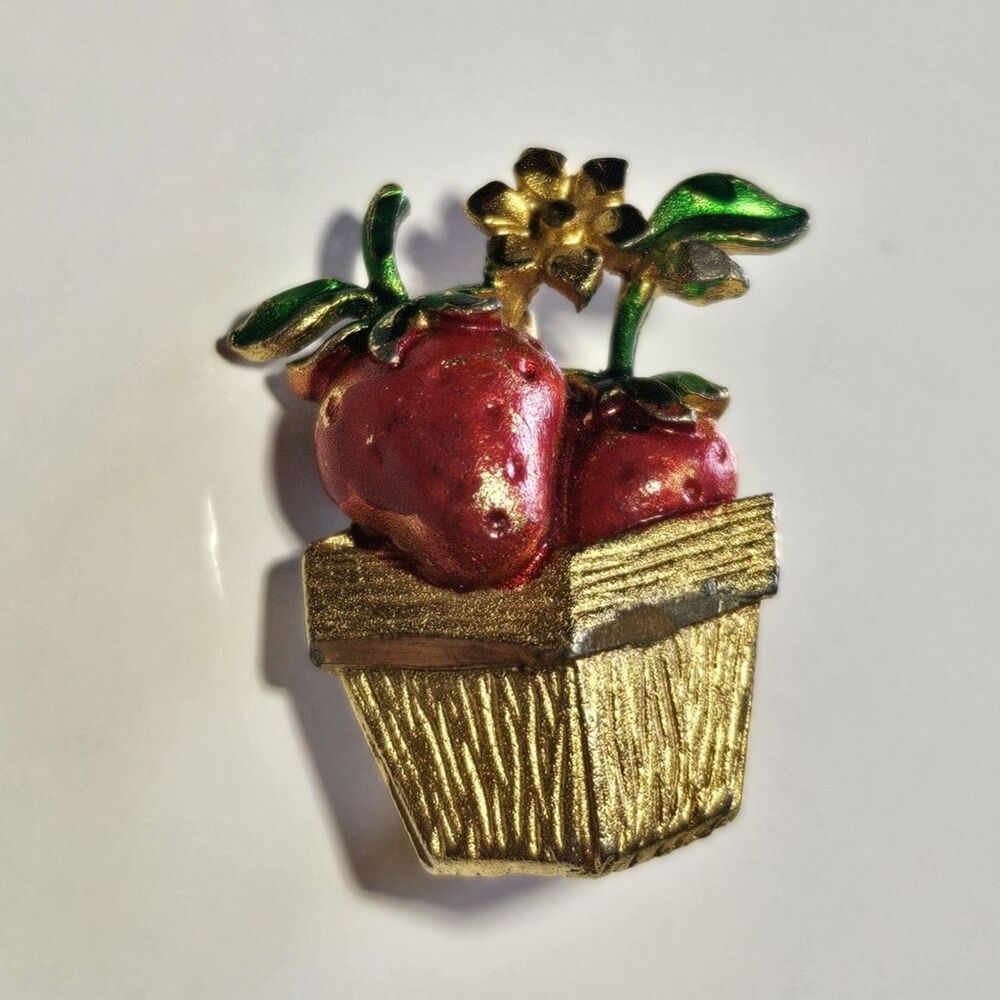 Vintage Gold Tone Red And Green Strawberry Pint Brooch